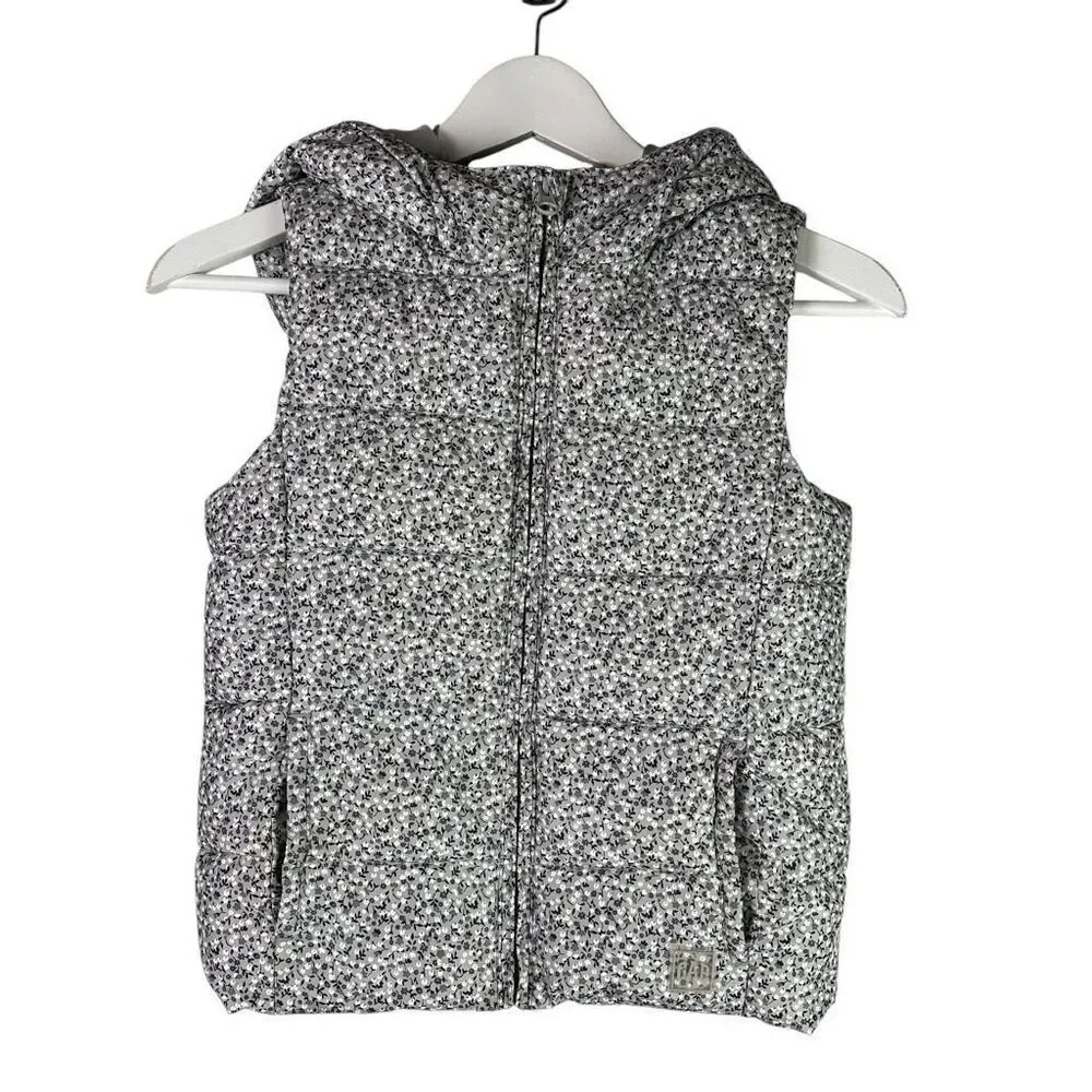 Gap Kids Girls Medium Gray Floral Hooded Vest Primaloft